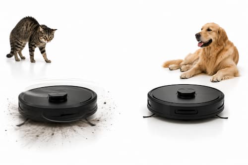 Dos robots aspiradores visualmente idénticos separados ampliamente: uno parece trabajar agresivamente sobre una pequeña superficie con movimiento innecesariamente intenso mientras un gato situado lejos mantiene una postura cautelosa; el segundo realiza tranquilamente una limpieza normal cerca de otro espacio despejado mientras un perro permanece relajado e indiferente.