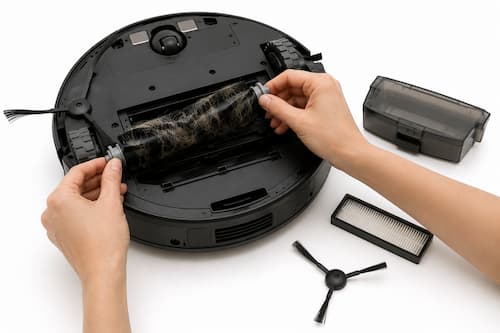 Un robot aspirador está colocado cuidadosamente boca arriba mientras unas manos humanas retiran con facilidad varios pelos largos de mascota enredados alrededor del cepillo central. Al lado aparecen únicamente el pequeño depósito extraíble y un cepillo lateral limpio, perfectamente ordenados.