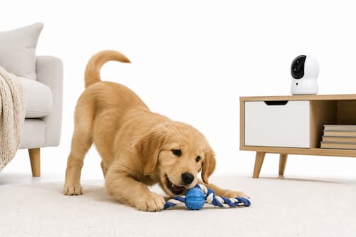 Fotografía publicitaria hiperrealista con fondo blanco. Un cachorro de Golden Retriever juega tranquilamente con un juguete mientras una cámara interactiva permanece discretamente situada en una esquina del salón. La cámara apenas ocupa una pequeña parte de la composición. La escena transmite bienestar, entretenimiento y supervisión sin resultar invasiva. Estética premium, sin personas, sin textos.