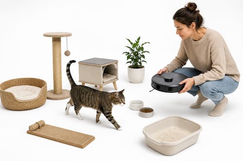 En primer plano, un gato tranquilo recorre su ruta cotidiana entre su cama, rascador, comedero y una pequeña plataforma elevada; ligeramente apartado, una persona agachada observa atentamente el comportamiento del gato mientras sostiene en las manos un pequeño robot doméstico todavía apagado.