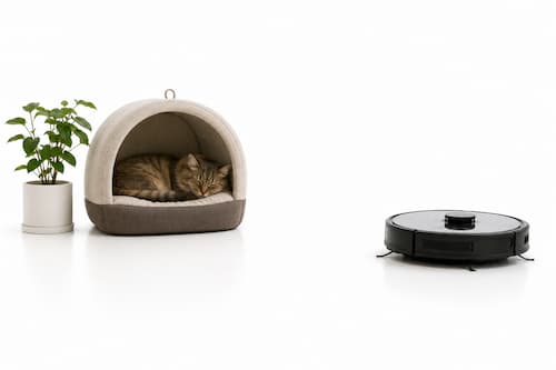 Un gato Maine Coon duerme plácidamente dentro de una pequeña cama semicerrada para gatos situada en un extremo de la composición. A varios metros, un robot aspirador realiza un recorrido amplio que pasa claramente lejos de la zona de descanso. La separación entre ambos es protagonista de la fotografía mediante un gran espacio blanco vacío. El gato permanece profundamente relajado.