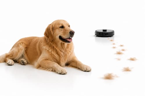 Un perro Labrador está tumbado tranquilamente sobre una zona de suelo perfectamente limpia mientras, bastante detrás, un pequeño robot doméstico realiza discretamente una pasada de mantenimiento. En otra pequeña zona lateral permanecen únicamente unos pocos pelos de mascota esperando la siguiente pasada. Nada parece necesitar una limpieza profunda