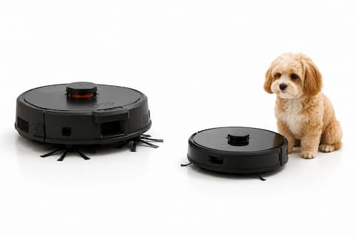 os robots domésticos de limpieza diferentes aparecen separados por bastante espacio. Uno es grande, voluminoso, agresivo visualmente, con cepillos grandes y diseño robusto; permanece completamente detenido. El otro es considerablemente más pequeño, discreto y de diseño redondeado y minimalista, desplazándose suavemente junto a un perro pequeño que permanece sentado y tranquilo.
