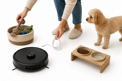 Una persona aparece únicamente de cintura hacia abajo realizando tres pequeños gestos cotidianos antes de activar un robot doméstico: colocando un juguete de perro dentro de una cesta, levantando un cable fino del suelo y apartando ligeramente un comedero. El robot permanece esperando