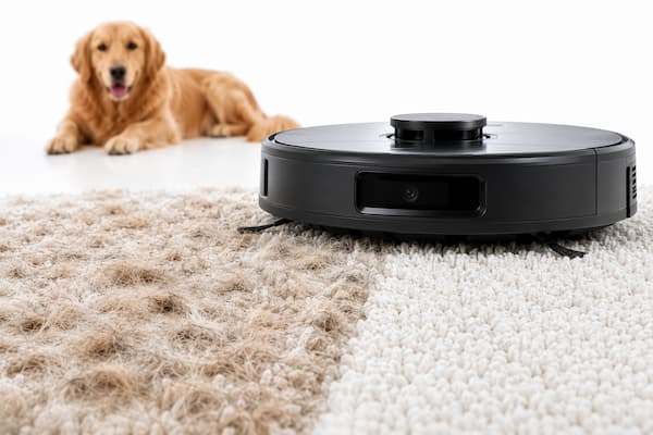 Robot aspirador eliminando pelo de perro incrustado en una alfombra