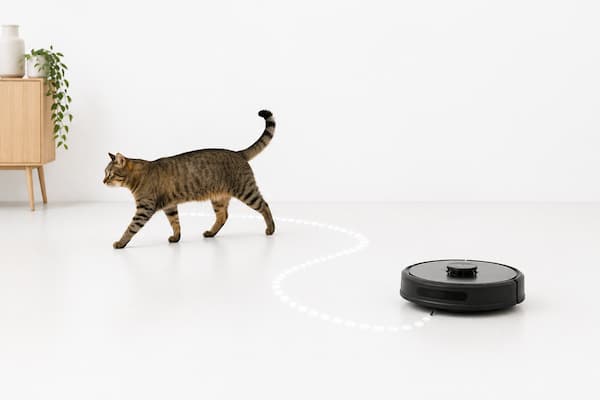 Robot aspirador evitando el paso de un gato mientras limpia la casa