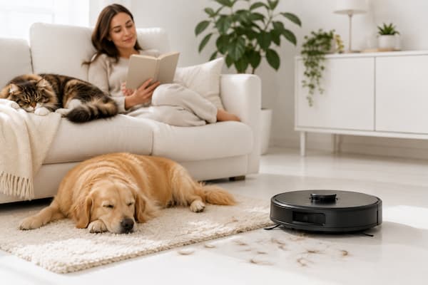 Robot aspirador limpiando pelo mientras perro y gato descansan en casa