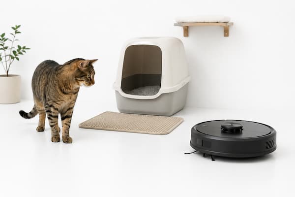 Robot aspirador pasando demasiado cerca del arenero de un gato
