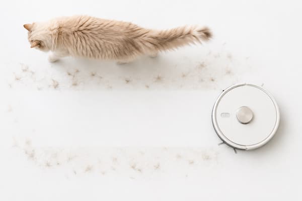Robot aspirador recogiendo pelo de gato sobre suelo blanco