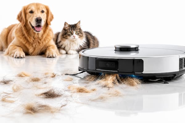 Robot aspirador recogiendo pelo de perro y gato del suelo