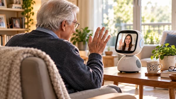 Robot de compañía facilitando una videollamada entre una persona mayor y su familia