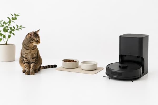 Robot doméstico colocado demasiado cerca del comedero y bebedero de un gato