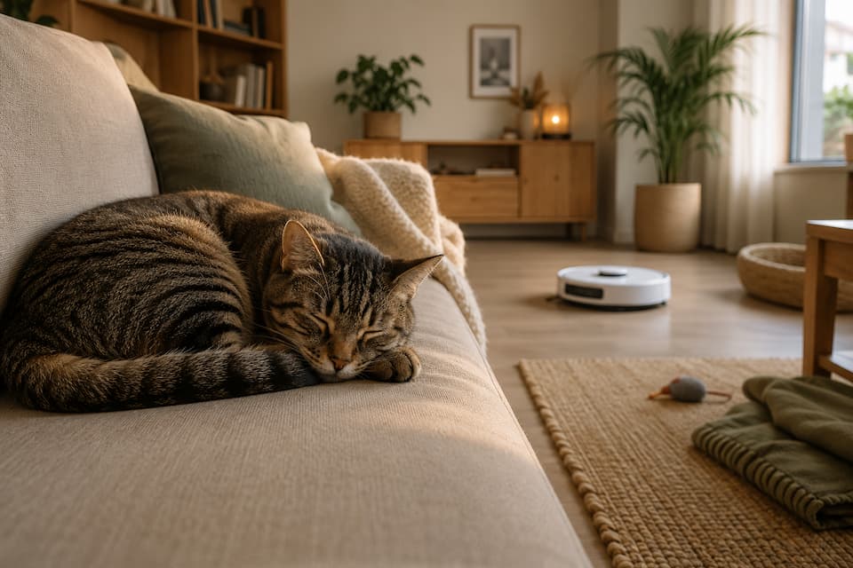 Robot domestico trabajando mientras gato duerme