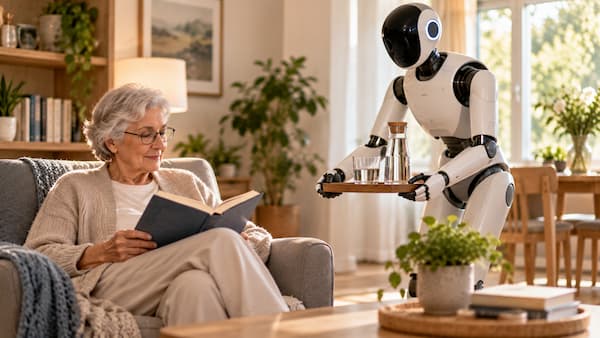 Robot humanoide ayudando a una persona mayor con una tarea cotidiana en casa