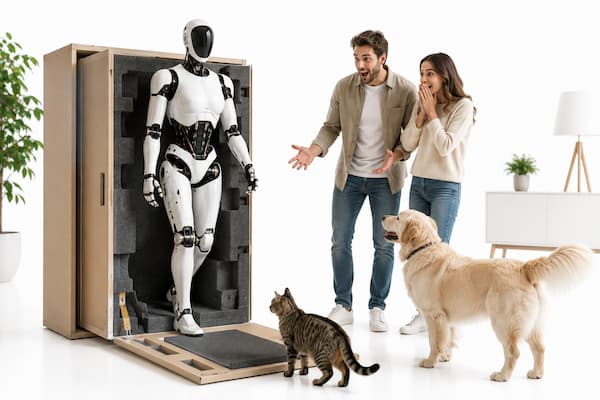 Robot humanoide llegando por primera vez a una casa y sorprendiendo a sus propietarios