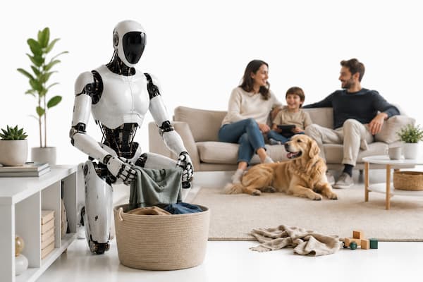 Robot humanoide realizando tareas domésticas mientras una familia disfruta de su tiempo