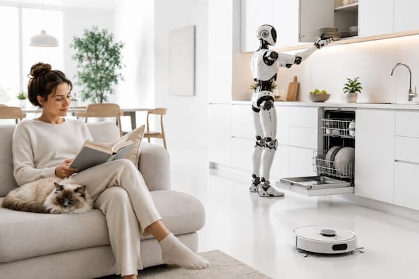 Robot humanoide y robot aspirador realizando tareas domésticas en una casa del futuro