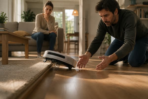 Un pequeño robot doméstico no humanoide ha quedado torpemente atrapado intentando superar un pequeño desnivel de una vivienda. Una de sus ruedas permanece suspendida y el dispositivo parece incapaz de continuar. Una persona que pasaba junto a él se agacha espontáneamente y extiende ambas manos para ayudarlo con la misma delicadeza instintiva con la que ayudaría a un animal pequeño. 