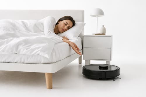 Silencioso no significa inaudible: Una persona duerme tranquilamente en una cama minimalista mientras, muy cerca de ella, un robot de limpieza permanece detenido junto a la pata de la cama. La persona tiene una expresión ligeramente incómoda y una mano asoma desde debajo de la manta como si acabara de despertarse. La escena es sutil y nada dramática: transmite que incluso un robot relativamente silencioso puede resultar perceptible durante el sueño si trabaja demasiado cerca. Honestidad editorial