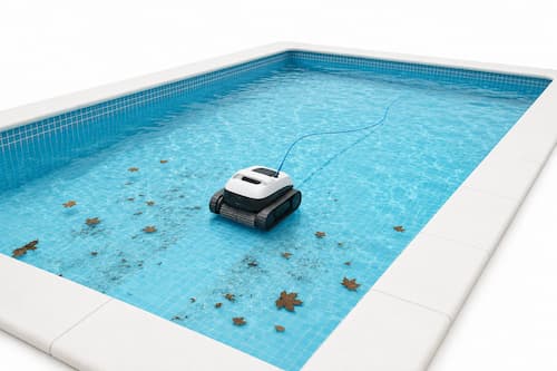 Bajo el agua cristalina, un robot autónomo de limpieza de piscinas recorre el fondo mientras unas pocas hojas y partículas permanecen delante de su recorrido. La superficie del agua proyecta reflejos naturales muy suaves sobre el fondo blanco.