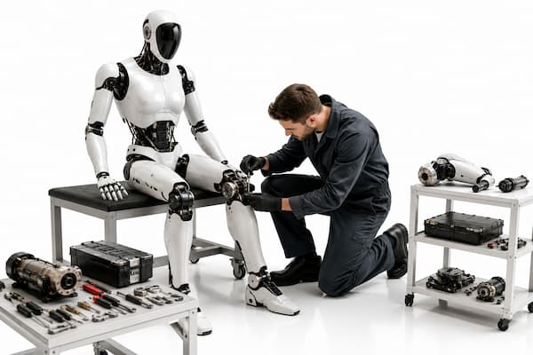 Técnico reparando la articulación de un robot humanoide doméstico