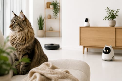 Un elegante gato Maine Coon contempla por la ventana mientras un robot aspirador permanece desenfocado al fondo, una cámara inteligente se integra sobre una estantería y un pequeño robot doméstico descansa junto a una planta. Ningún robot es protagonista; la imagen transmite un hogar donde la tecnología simplemente forma parte de la vida cotidiana.