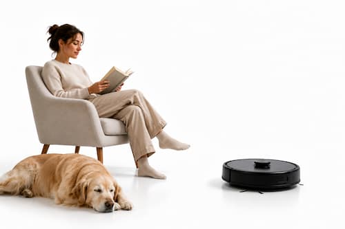 Una mujer adulta está tranquilamente sentada en una silla leyendo un libro mientras, a varios metros y sin llamar su atención, un robot aspirador compacto realiza su rutina de limpieza. Cerca de la persona descansa relajadamente un perro mediano, completamente indiferente al funcionamiento del robot.