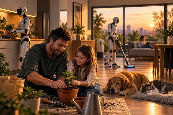 Un robot humanoide realiza silenciosamente tareas domésticas mientras varios sistemas automatizados mantienen la casa funcionando. En primerísimo plano, completamente enfocados y ocupando el verdadero protagonismo de la fotografía, un padre enseña pacientemente a su hija pequeña a plantar una semilla en una maceta con sus propias manos.