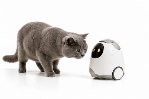 Fotografía hiperrealista con fondo blanco. Un gato British Shorthair se acerca lentamente a un pequeño robot de compañía con diseño redondeado y amable. Ambos se observan con curiosidad a pocos centímetros de distancia. La composición transmite un primer encuentro lleno de confianza y calma. Luz suave