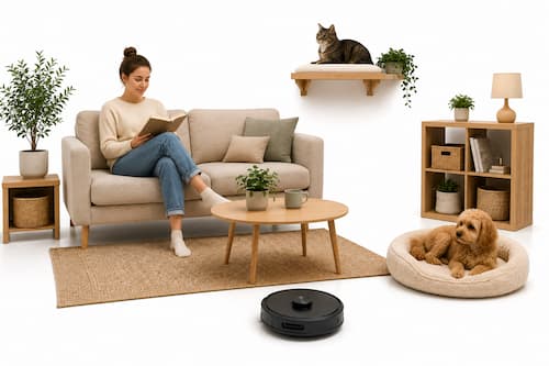 Una mujer joven está relajada leyendo en el sofá, un gato ocupa tranquilamente una pequeña plataforma elevada y un perro descansa en su zona. Un robot doméstico pequeño y discreto circula por un espacio libre entre todos ellos sin interferir con nadie.