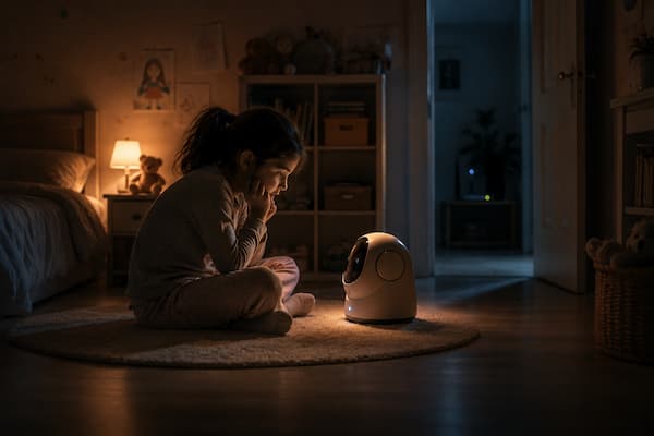 Una niña está sentada en el suelo de su habitación hablando en voz baja con un pequeño robot doméstico de aspecto claramente mecánico y amable, sin rostro humano realista. La niña adopta la postura íntima de alguien contando un secreto. La habitación transmite absoluta confianza y seguridad. Sin embargo, al fondo de la composición, casi imperceptible y fuera de la habitación, una tenue luz electrónica procedente del sistema conectado del hogar introduce una sensación de inquietud.