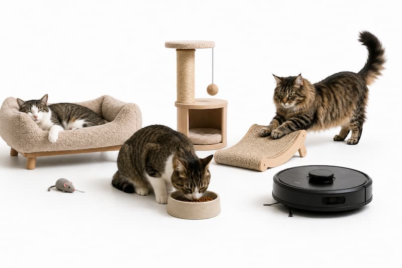 Tres comportamientos cotidianos simultáneamente: un gato duerme profundamente en una pequeña cama elevada, otro gato come tranquilamente de su cuenco y un tercer gato explora con confianza un sencillo rascador de madera clara. En un extremo muy secundario de la composición, pequeño y deliberadamente poco protagonista, un robot aspirador negro continúa limpiando. Ninguno de los gatos lo mira. Ninguno huye. Ninguno juega con él. La fotografía debe transmitir una convivencia completamente norma y estable.
