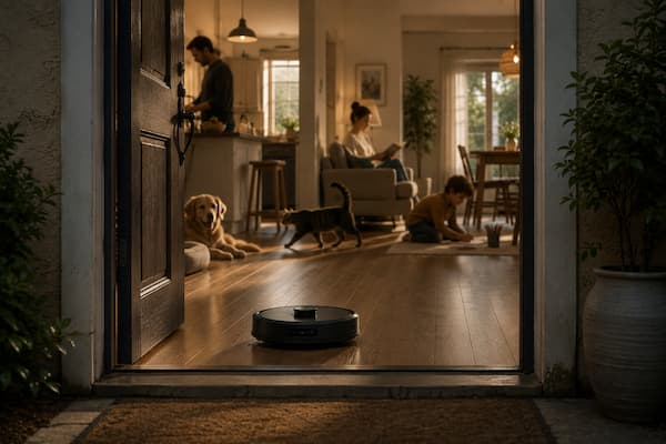 Dentro de la casa se distinguen una pareja, un niño, un perro y un gato realizando actividades cotidianas, sin mirar directamente hacia la cámara. Justo atravesando discretamente el umbral aparece un pequeño robot doméstico autónomo. Nadie lo recibe ni lo observa; simplemente entra en ese espacio compartido.