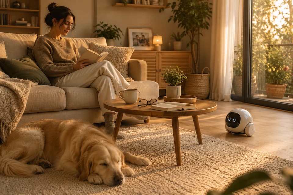 Una persona y su mascota conviviendo con un robot domestico