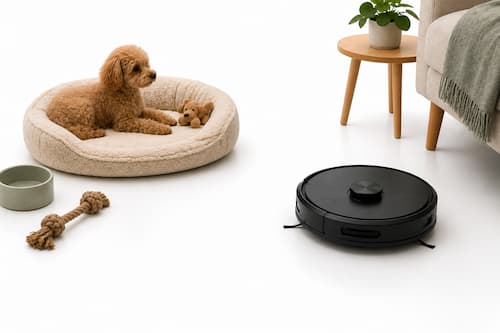 Un robot doméstico negro y compacto limpia únicamente una zona delimitada visualmente por la disposición del mobiliario, mientras al otro lado un perro pequeño permanece relajado en su cama con un juguete.