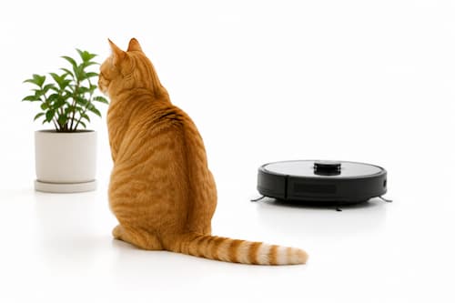 Un gato naranja adulto permanece sentado de espaldas a un pequeño robot aspirador que pasa tranquilamente detrás de él. El gato está completamente concentrado mirando una pequeña planta situada delante y muestra una postura corporal absolutamente relajada, cola descansando sobre el suelo y orejas normales. E