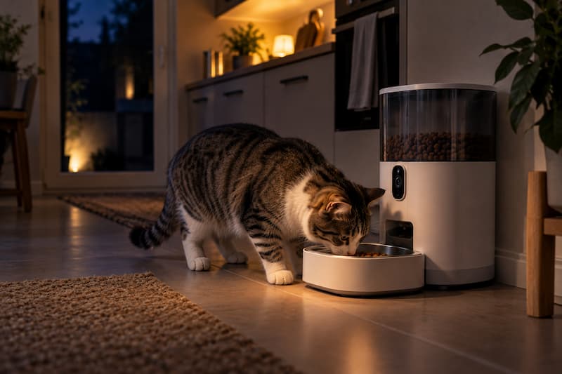 Gato utilizando un comedero automático con cámara durante la noche