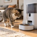 Gato acercándose a un comedero automático con cámara