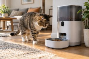 Gato acercándose a un comedero automático con cámara