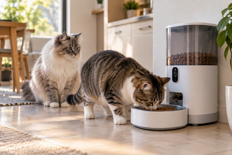 Dos gatos junto al mismo comedero automático con cámara