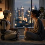 robot humanoide aconsejando a una chica humana en el salon de su casa