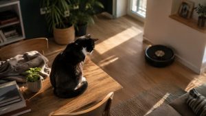 Gato tuxedo observando un robot doméstico antes de adaptarse a la convivencia en casa