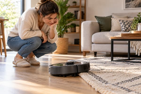 Persona observando por qué su robot aspirador se atasca en la alfombra