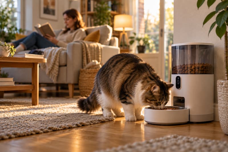 Gato utilizando un comedero inteligente mientras su dueño descansa en casa