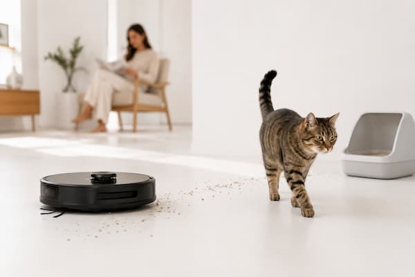 Gato alejándose del arenero mientras un robot aspirador recoge la arena