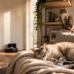 Gato descansando en un sofá mientras un robot doméstico permanece inactivo en un piso pequeño