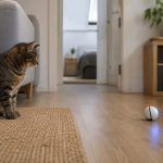 Gato atigrado observando una bola robot en un piso pequeño sin generar estrés en casa