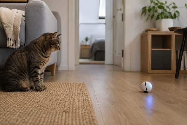 Gato atigrado observando una bola robot en un piso pequeño sin generar estrés en casa