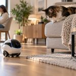 Robot de compañía móvil observado por un gato en casa