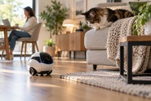 Robot de compañía móvil observado por un gato en casa